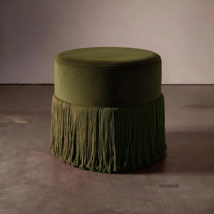 Velvet Ottoman Footstool — Upholstered Fringe Bench & Shoe Stool