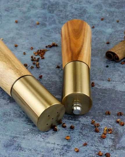 Elegant Acacia Wood and Stainless Steel Spice Grinder Duo - Tailored Grinding for Culinary Excellence