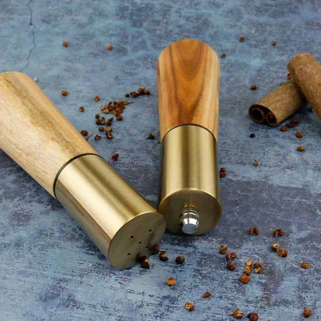 Elegant Acacia Wood and Stainless Steel Spice Grinder Duo - Tailored Grinding for Culinary Excellence