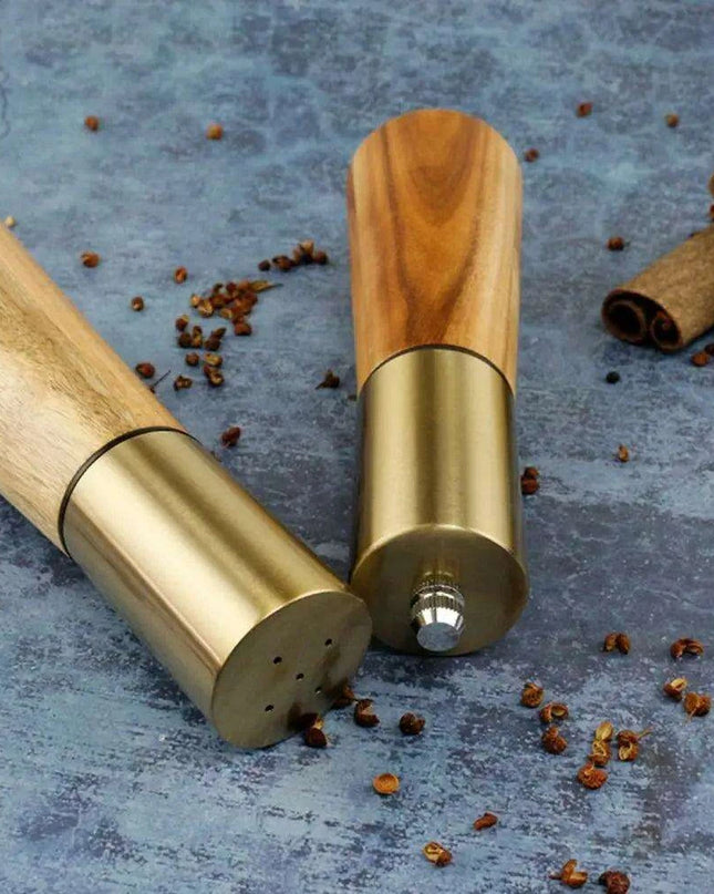 Elegant Acacia Wood and Stainless Steel Spice Grinder Duo - Tailored Grinding for Culinary Excellence