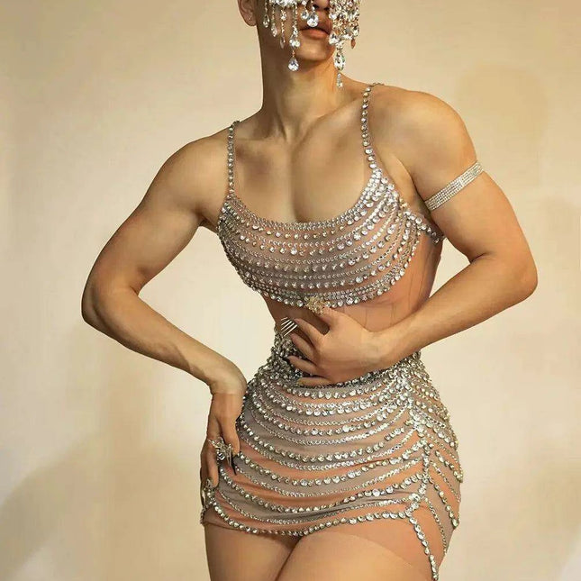 Radiant Sheer Crystal-Embellished Mini Dress for Women - Perfect Evening Wear for Celebrations and Parties