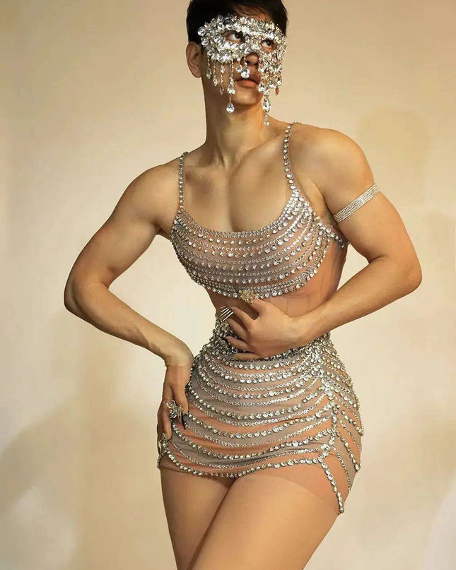 Radiant Sheer Crystal-Embellished Mini Dress for Women - Perfect Evening Wear for Celebrations and Parties