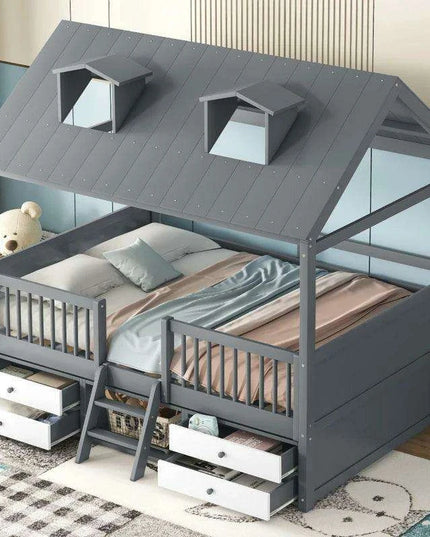 Enchanting Wooden Playhouse Bed with Skylights and Ample Storage