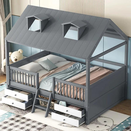 Enchanting Wooden Playhouse Bed with Skylights and Ample Storage