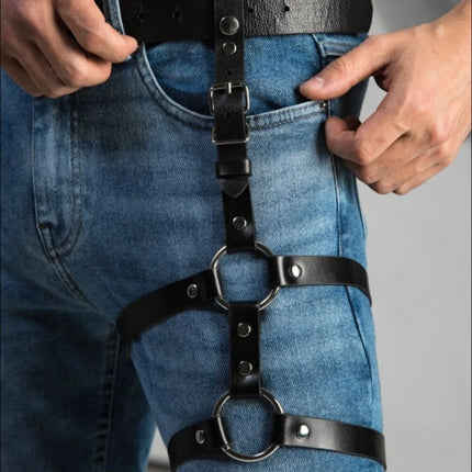 Men's Leather Punk Leg Harness — Caged Thigh Garter, Rave & Gothic