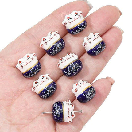 Set of 2 Artisan 14mm Ceramic Lucky Cat Charms for Creative Jewelry Designs