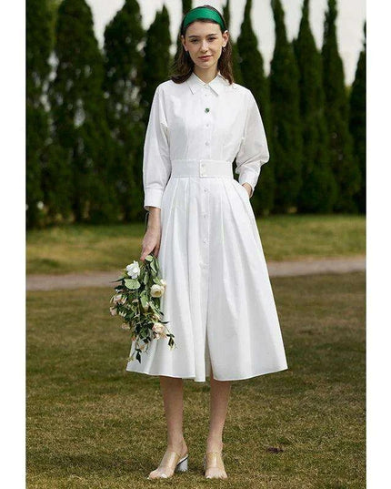 Elegant White Pleated Shirt Dress with Belt for Women - Spring Collection