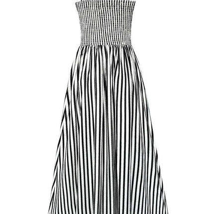Elegant Black Striped Pleated Sleeveless Long Strap Dress for Women - Spring/Summer 2024 Fashion