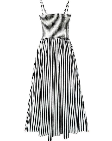 Elegant Black Striped Pleated Sleeveless Long Strap Dress for Women - Spring/Summer 2024 Fashion