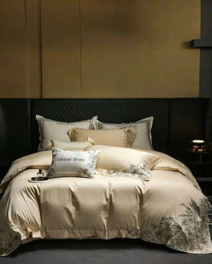 Elegant 1000TC Egyptian Cotton Floral Embroidery Bedding Ensemble with Duvet Cover, Flat Sheet, and Pillow Shams