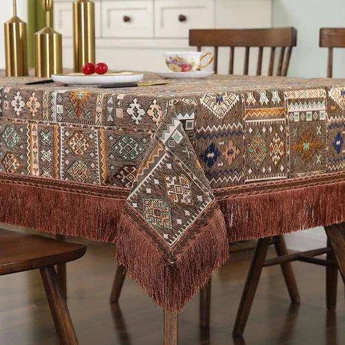 Bohemian Chic Embroidered Table Cover with Trendy Tassels