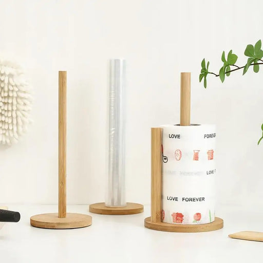 Bamboo Wood Roll Paper and Cling Film Organizer Stand for Kitchen and Bathroom Storage