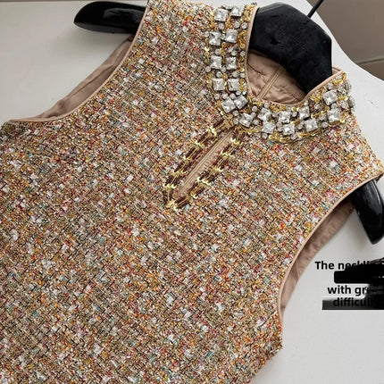 Diamond Embellished Tweed A-Line Dress — Women's High-Waist Occasion Dress | Très Elite