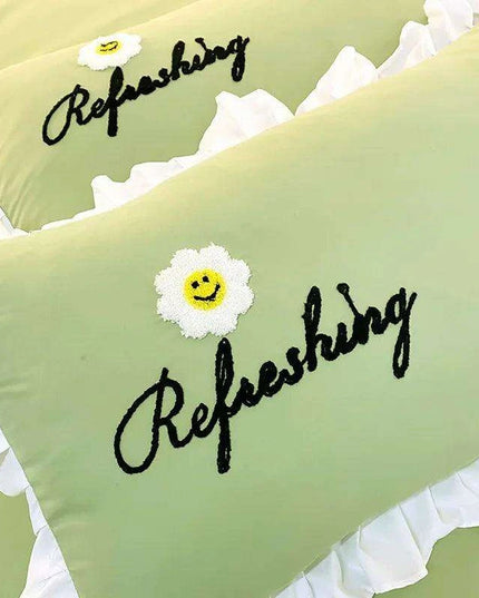 Korean Princess Ruffled Bedding Collection for Girls - Double Duvet Cover, Fitted Sheet, and Pillowcases in Multiple Sizes