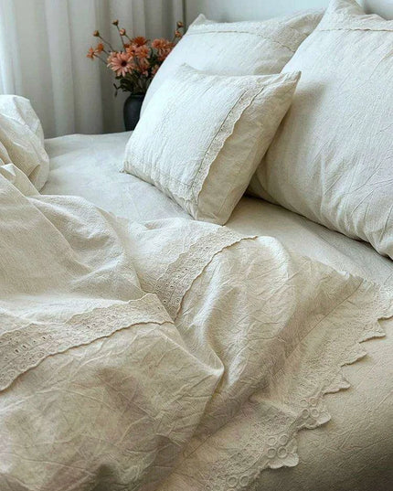 French Vintage Elegant Cotton Linen Lace Duvet Cover and Sheet Set - 4 Piece Collection