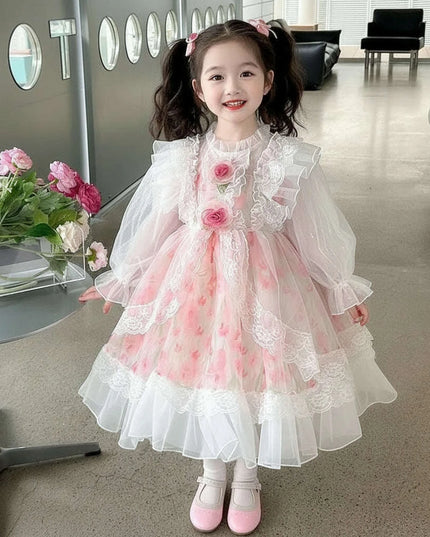 Enchanted Floral Tulle Princess Dress for Girls with Long Sleeves