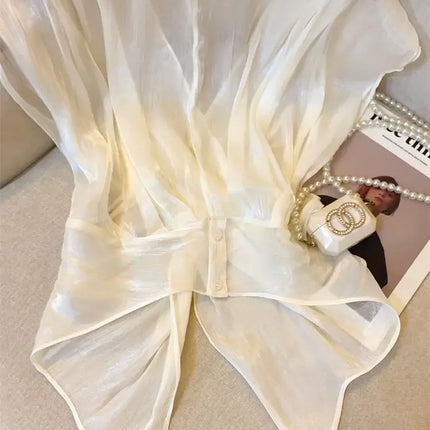 Brave Mother Women's Summer V-Neck Chiffon Blouse with Irregular Hem
