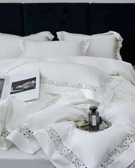 Exquisite 1200TC Egyptian Cotton Luxury Bedding Collection with Elegant Hollow Lace Trim, Duvet Cover, Flat & Fitted Sheets, and Pillowcases