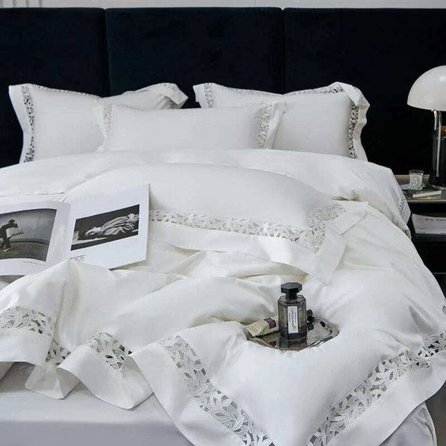 Exquisite 1200TC Egyptian Cotton Luxury Bedding Collection with Elegant Hollow Lace Trim, Duvet Cover, Flat & Fitted Sheets, and Pillowcases