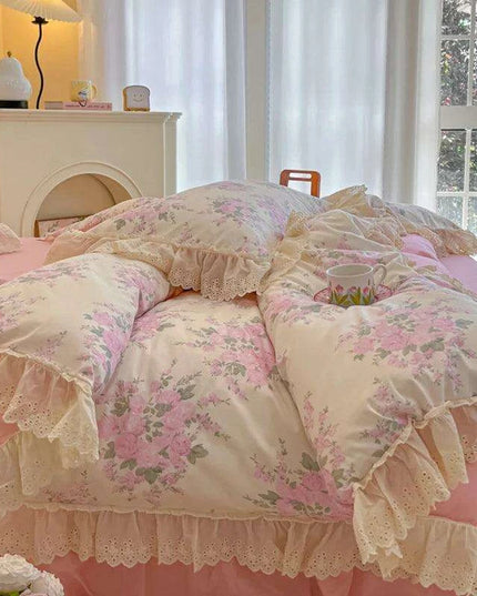 Korean Princess Floral Lace Ruffle Cotton Bedding Collection - Luxurious Single/Queen Duvet Cover, Sheet, and Pillowcase Set (3/4 Pieces)