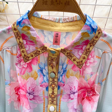 Vintage Palace Evening Dress with Sashes & Button Print