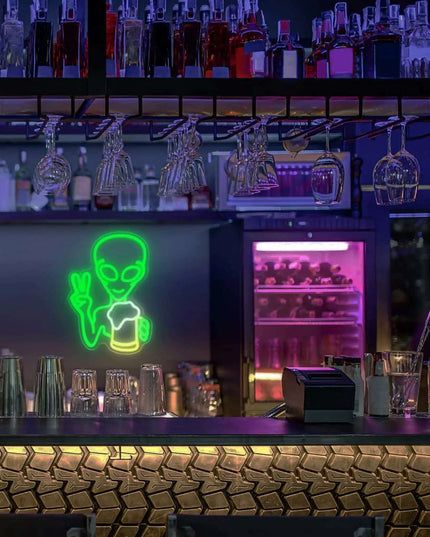 Alien Cheers LED Neon Light - Unique Illuminated Decor for Game Rooms and Bars