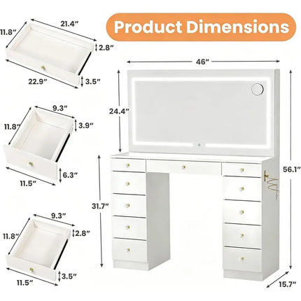 Pamapic Glass Top Makeup Vanity Desk with Mirror & 3 Lighting Options