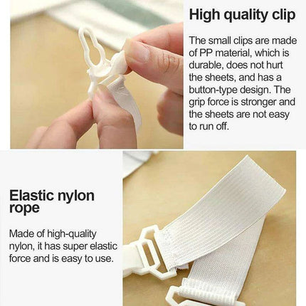 Adjustable 4-Pack White Bed Sheet Grippers - Elastic Clips for Secure Mattress Covers and Blankets