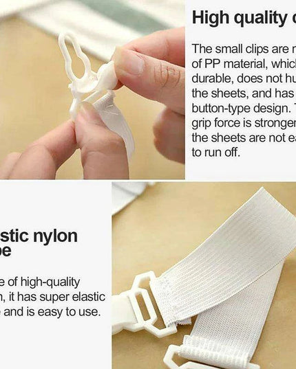 Adjustable 4-Pack White Bed Sheet Grippers - Elastic Clips for Secure Mattress Covers and Blankets