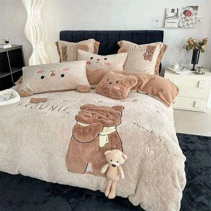 Charming Cartoon Bear Velvet Fleece Bedding Set for Kids - Duvet Cover, Sheet & Pillowcase in Various Sizes