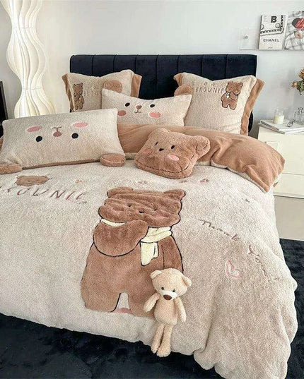 Charming Cartoon Bear Velvet Fleece Bedding Set for Kids - Duvet Cover, Sheet & Pillowcase in Various Sizes