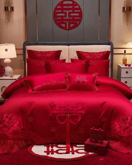 Luxury Red Chinese Wedding Duvet Cover Set with Elegant Golden Floral Embroidery and Premium Pillowcases