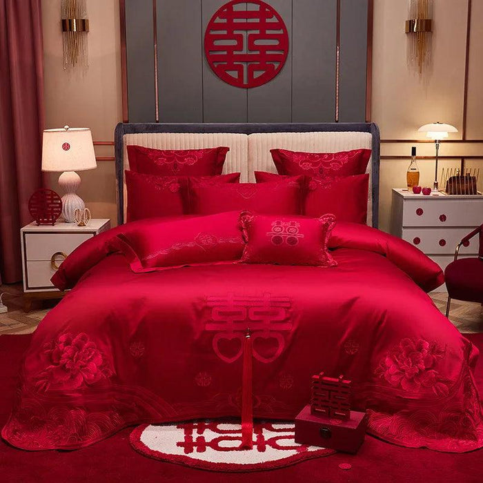 Luxury Red Chinese Wedding Duvet Cover Set with Elegant Golden Floral Embroidery and Premium Pillowcases