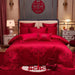 Luxury Red Chinese Wedding Duvet Cover Set with Elegant Golden Floral Embroidery and Premium Pillowcases