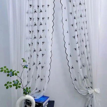 Sheer Peach Embroidery Curtain with Wavy Black Edge