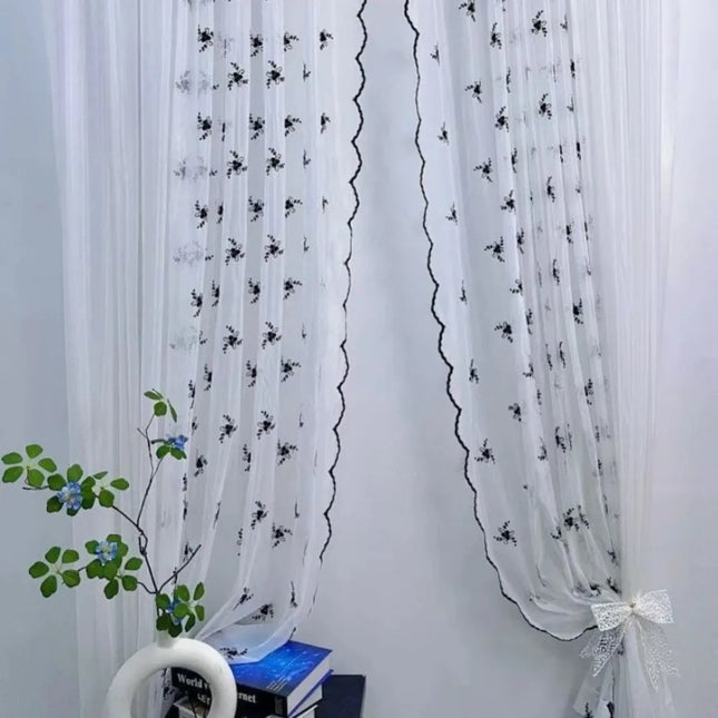 Sheer Peach Embroidery Curtain with Wavy Black Edge