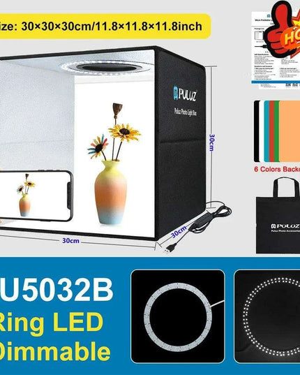 30CM PULUZ Adjustable LED Light Box Photography Kit with Six Color Backdrops - Portable Softbox for Product and Portrait Shots