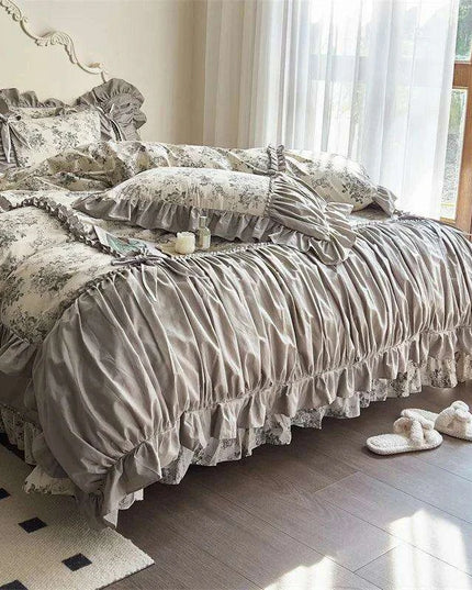 Elegant Vintage Floral Lace Ruffle Cotton Bedding Set with Duvet Cover, Bed Sheet, and Pillowcases