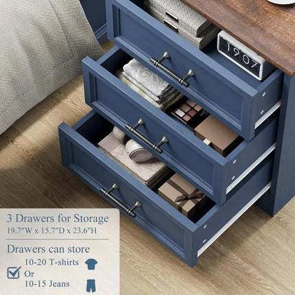Blue Farmhouse Nightstand with Charging Station — 3-Drawer Bedside End Table, USB & AC Outlets