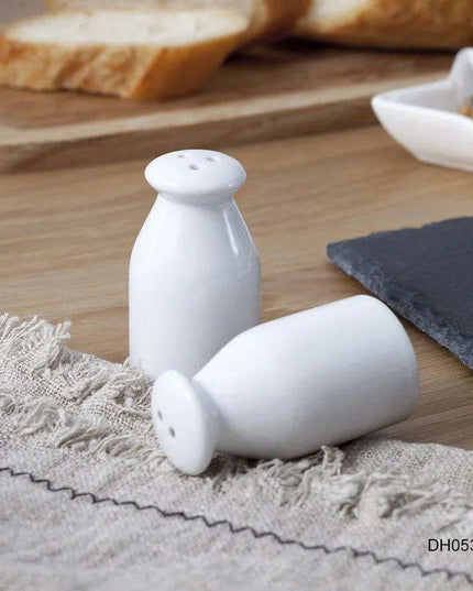 Ceramic Salt and Pepper Shaker Set with Bamboo Tray in Farmhouse Style