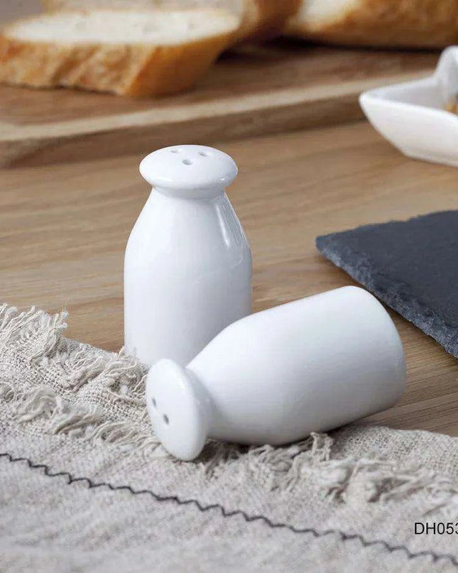 Ceramic Salt and Pepper Shaker Set with Bamboo Tray in Farmhouse Style