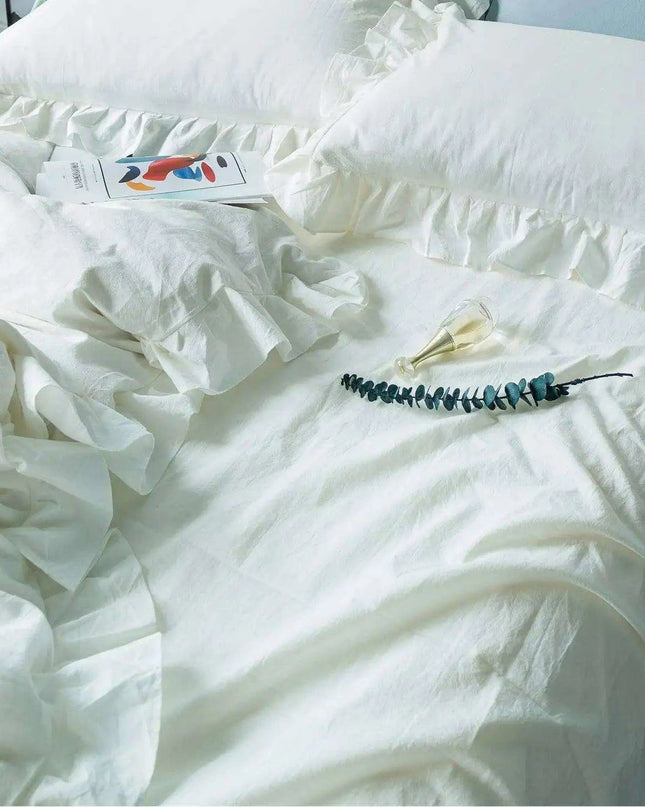Romantic Vintage White Ruffled King Duvet Cover Set - 100% Cotton Lace Bedding 4pcs