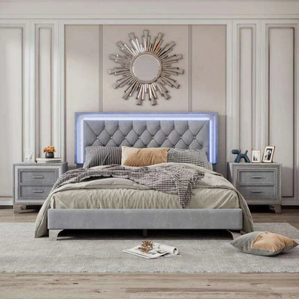 Luxurious LED-Illuminated Queen Bedroom Set with Crystal-Tufted Headboard and Nightstands - Modern Sophistication