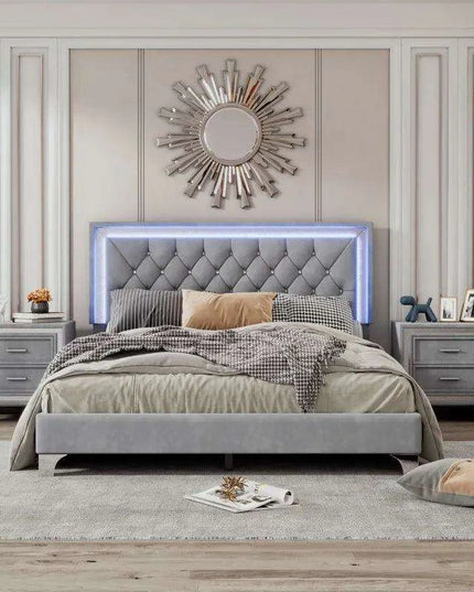 Luxurious LED-Illuminated Queen Bedroom Set with Crystal-Tufted Headboard and Nightstands - Modern Sophistication