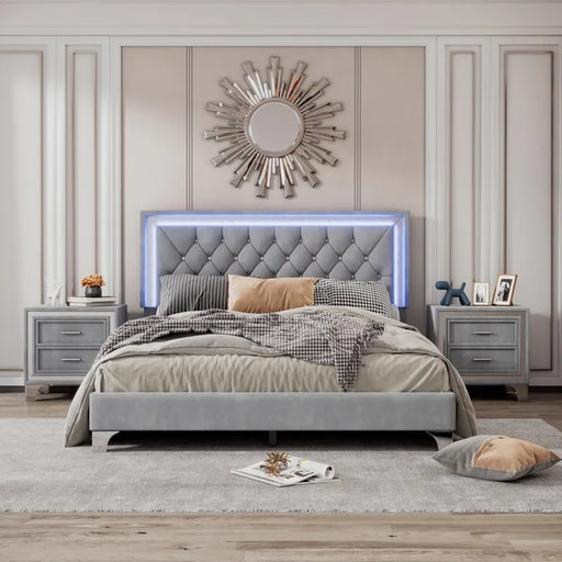 Luxurious Queen Size LED Upholstered Bed Set with Nightstands - Contemporary Bedroom Decor