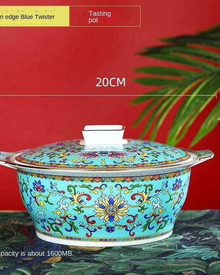 Authentic Elegant Under-glazed Ceramic Soup Pot with Lid and Spoon - Large Round Design with Gold Accents for Chinese Dining and Decor