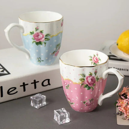 Fine Bone China Floral Mug with Gold Rim — 420ml Pastoral Design