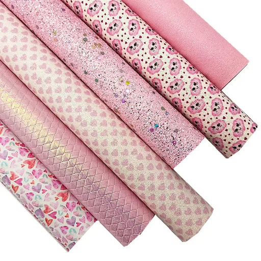 Pink Sparkling Heart Cloud Pattern Faux Leather Fabric Sheet - Crafting Material