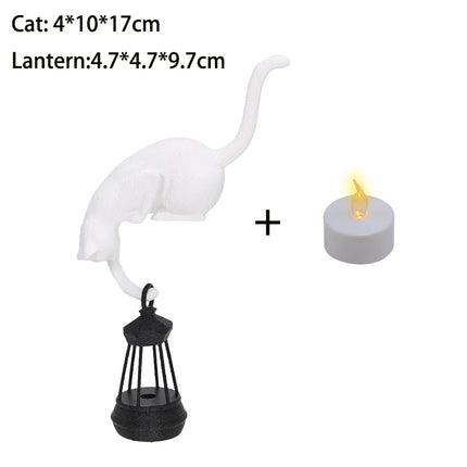 Cat Shelf Hook with Lantern Figurine | Night Light & Desk Ornament