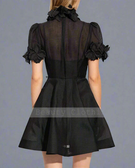 Customizable Black A-Line Mini Cocktail Dress with Floral Embellishments and High Neck